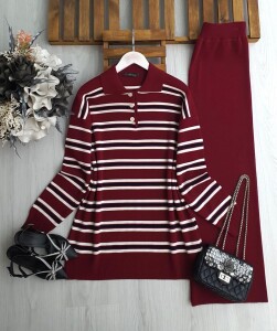 VOMGE İNCE ÇİZGİLİ YAKALI TRİKO TAKIM B1-5-8174-04-BORDO - 