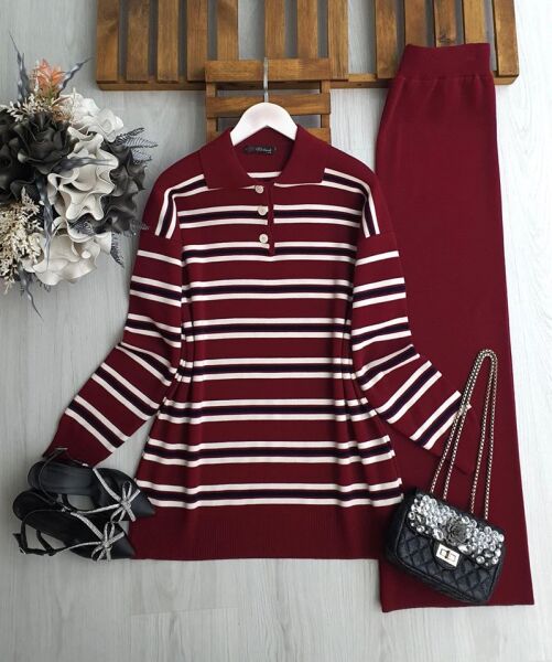 VOMGE İNCE ÇİZGİLİ YAKALI TRİKO TAKIM B1-5-8174-04-BORDO - 1