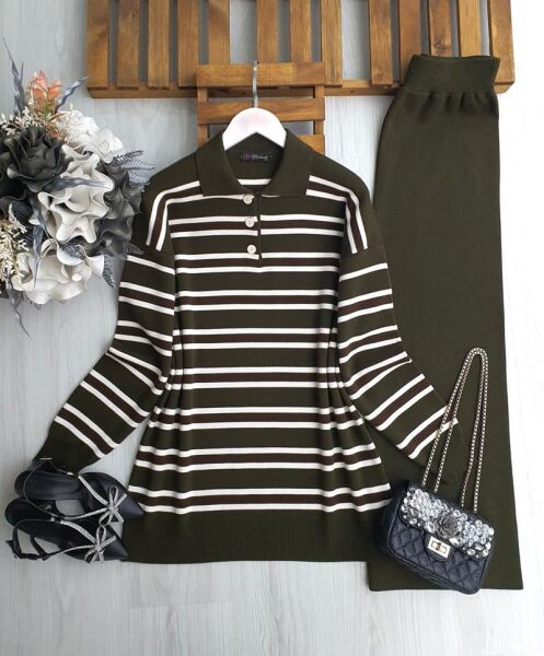 VOMGE İNCE ÇİZGİLİ YAKALI TRİKO TAKIM B1-5-8174-09-HAKİ - 1