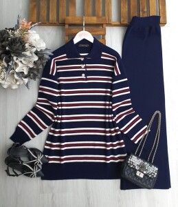 VOMGE İNCE ÇİZGİLİ YAKALI TRİKO TAKIM B1-5-8174-12-LACİVERT - 