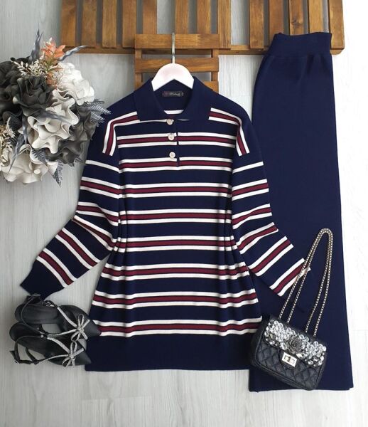 VOMGE İNCE ÇİZGİLİ YAKALI TRİKO TAKIM B1-5-8174-12-LACİVERT - 1