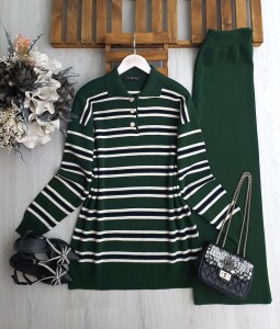 VOMGE İNCE ÇİZGİLİ YAKALI TRİKO TAKIM B1-5-8174-27-ZÜMRÜT - 