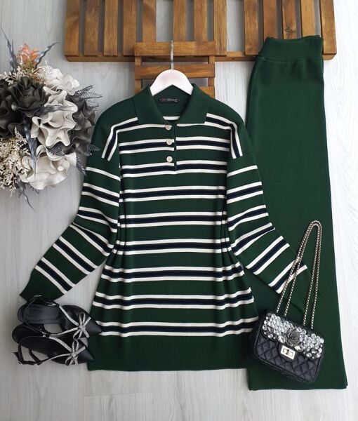 VOMGE İNCE ÇİZGİLİ YAKALI TRİKO TAKIM B1-5-8174-27-ZÜMRÜT - 1