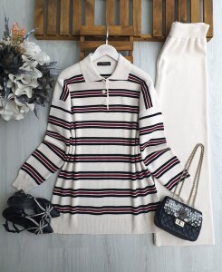 VOMGE İNCE ÇİZGİLİ YAKALI TRİKO TAKIM B1-5-8174-34-BEJ - 