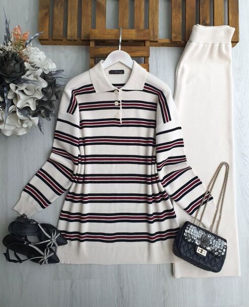 VOMGE İNCE ÇİZGİLİ YAKALI TRİKO TAKIM B1-5-8174-34-BEJ - 1