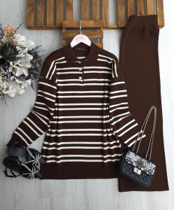 VOMGE İNCE ÇİZGİLİ YAKALI TRİKO TAKIM B1-5-8174-37-KAHVE - 