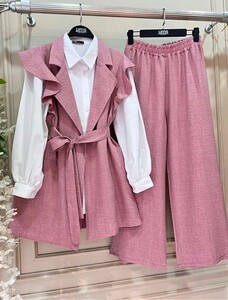 VOUP ÖNÜ AÇIK KEMERLİ KETEN ÜÇLÜ TAKIM B7-2-1533-05-PUDRA - 1