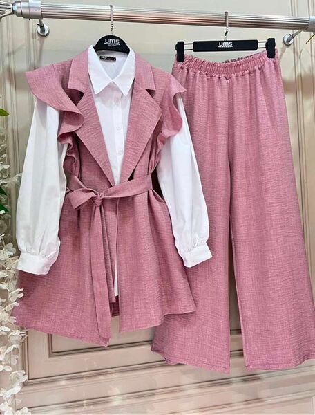 VOUP ÖNÜ AÇIK KEMERLİ KETEN ÜÇLÜ TAKIM B7-2-1533-05-PUDRA - 1