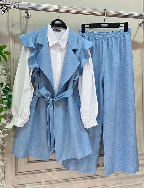 VOUP ÖNÜ AÇIK KEMERLİ KETEN ÜÇLÜ TAKIM B7-2-1533-13-BEBE MAVİSİ - 1