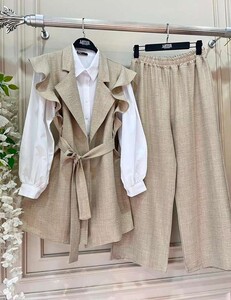 VOUP ÖNÜ AÇIK KEMERLİ KETEN ÜÇLÜ TAKIM D9-1533-34-BEJ - 1