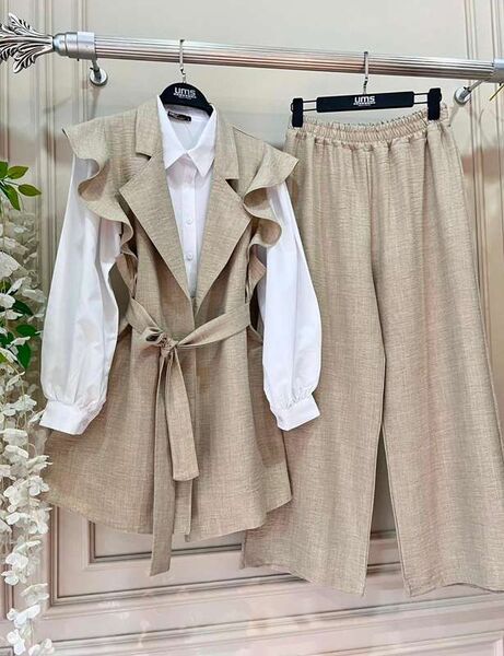 VOUP ÖNÜ AÇIK KEMERLİ KETEN ÜÇLÜ TAKIM D9-1533-34-BEJ - 1