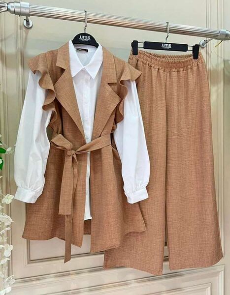 VOUP ÖNÜ AÇIK KEMERLİ KETEN ÜÇLÜ TAKIM B7-2-1533-48-BİSKÜVİ - 1