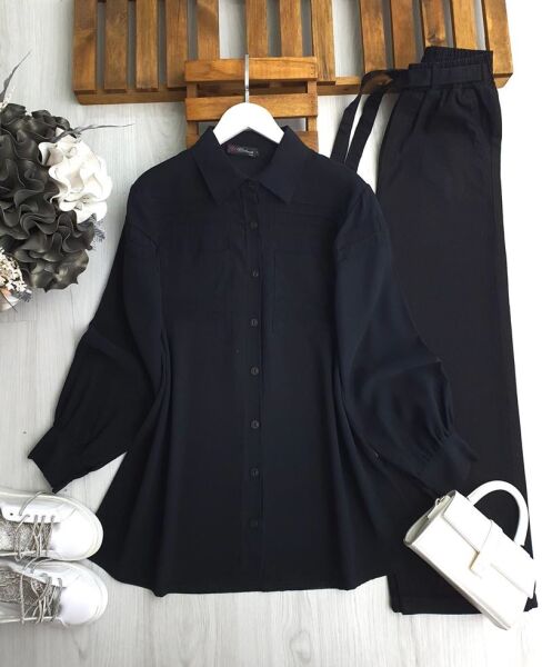 VOVR DİKİŞLİ ÇİFT CEP GÖMLEK TUNİK 5608-01-SİYAH - 1