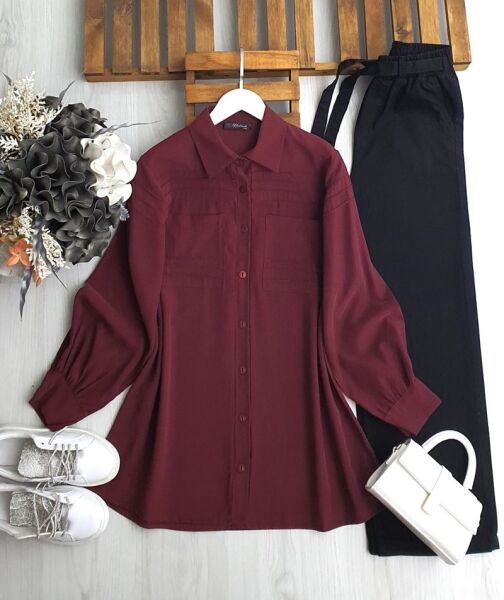 VOVR DİKİŞLİ ÇİFT CEP GÖMLEK TUNİK 5608-04-BORDO - 1