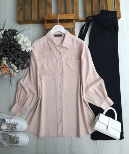 VOVR DİKİŞLİ ÇİFT CEP GÖMLEK TUNİK 5608-05-PUDRA - 