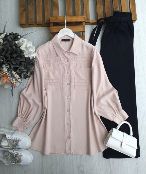 VOVR DİKİŞLİ ÇİFT CEP GÖMLEK TUNİK 5608-05-PUDRA - 1