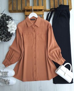 VOVR DİKİŞLİ ÇİFT CEP GÖMLEK TUNİK 5608-06-KİREMİT - 