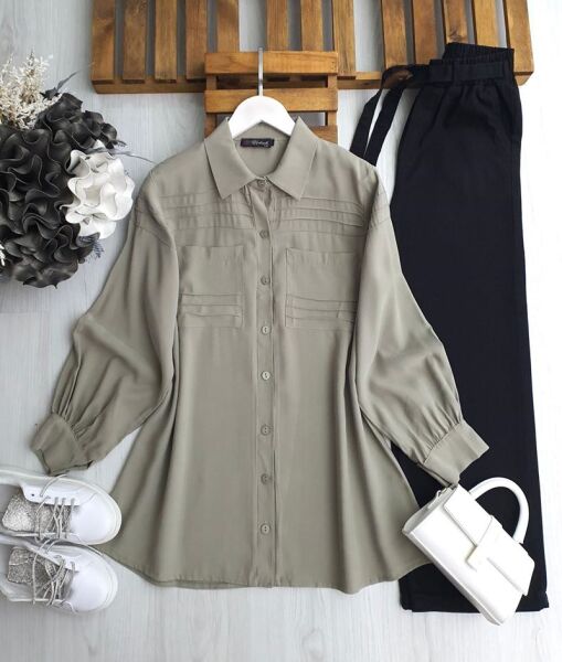 VOVR DİKİŞLİ ÇİFT CEP GÖMLEK TUNİK 5608-07-YEŞİL - 1