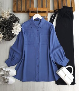 VOVR DİKİŞLİ ÇİFT CEP GÖMLEK TUNİK 5608-10-MAVİ - 