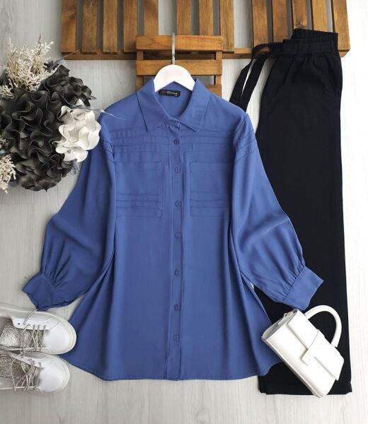 VOVR DİKİŞLİ ÇİFT CEP GÖMLEK TUNİK 5608-10-MAVİ - 1