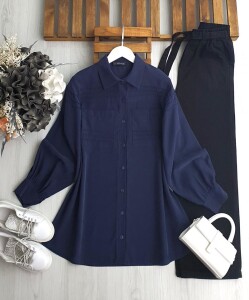 VOVR DİKİŞLİ ÇİFT CEP GÖMLEK TUNİK 5608-12-LACİVERT - 