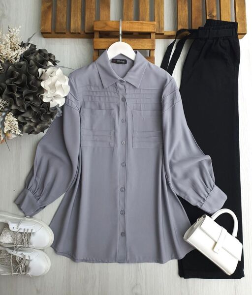 VOVR DİKİŞLİ ÇİFT CEP GÖMLEK TUNİK 5608-26-GRİ - 1