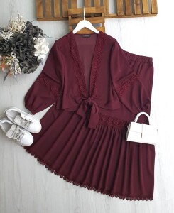 VUE ÖNÜ BAĞLAMALI DANTEL GEÇİŞLİ ETEKLİ İKİLİ TAKIM 1670-04-BORDO - 