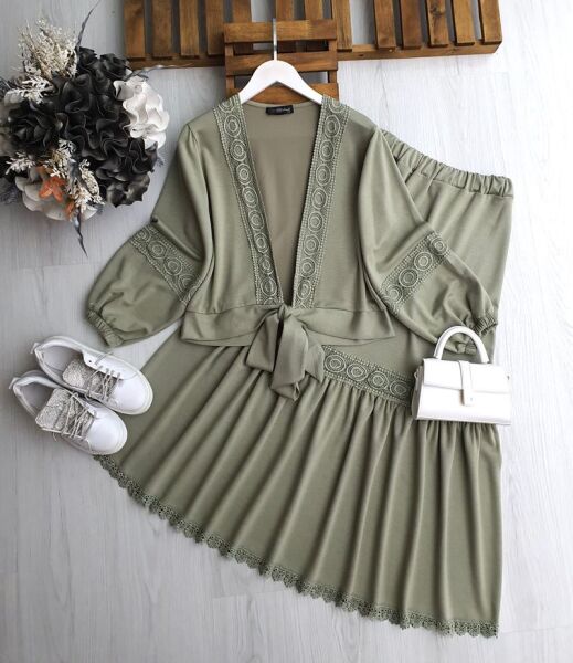 VUE ÖNÜ BAĞLAMALI DANTEL GEÇİŞLİ ETEKLİ İKİLİ TAKIM 1670-07-YEŞİL - 1