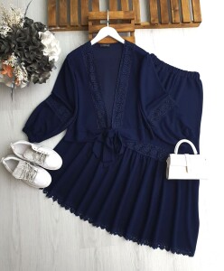 VUE ÖNÜ BAĞLAMALI DANTEL GEÇİŞLİ ETEKLİ İKİLİ TAKIM 1670-12-LACİVERT - 