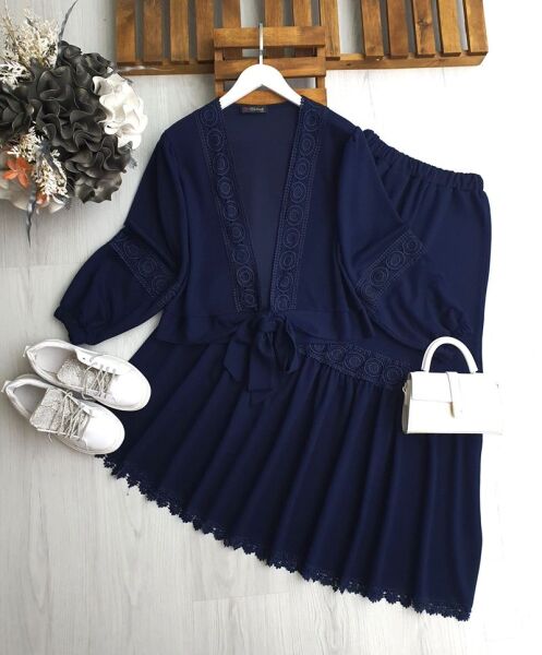 VUE ÖNÜ BAĞLAMALI DANTEL GEÇİŞLİ ETEKLİ İKİLİ TAKIM 1670-12-LACİVERT - 1