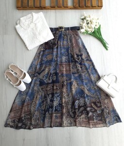 VUHFA LANDE DESEN DERİ KEMERLİ BELİ LASTİKLİ ASTARLI ŞİFON ETEK 6120-12-LACİVERT - 1