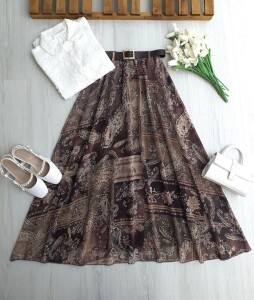 VUHFA LANDE DESEN DERİ KEMERLİ BELİ LASTİKLİ ASTARLI ŞİFON ETEK 6120-37-KAHVE - 1