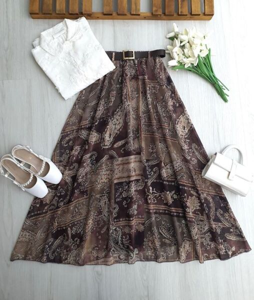 VUHFA LANDE DESEN DERİ KEMERLİ BELİ LASTİKLİ ASTARLI ŞİFON ETEK 6120-37-KAHVE - 1