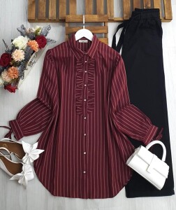 VUHZA ÖN FIRFIRLI KOL BAĞCIKLI GÖMLEK TUNİK A8-1-5520-04-BORDO - 