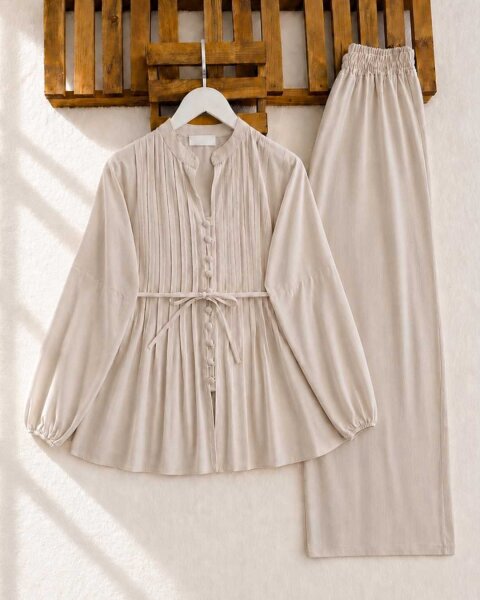 VUSL BRİT DÜĞMELİ GÖMLEK BOL PANTOLON İKİLİ TAKIM 1785-25-VİZON - 1