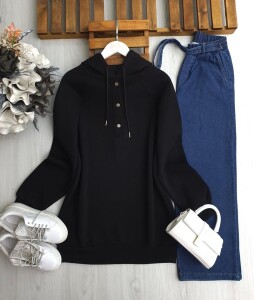 VUVE ÇIT ÇIT DÜĞME KAPŞONLU ÜÇ İPLİK TUNİK A7-5-5638-01-SİYAH - 