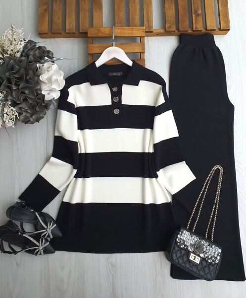 VUZE ÇİFT RENK YAKALI DÜĞMELİ TRİKO TAKIM B10-5-8149-01-SİYAH - 1