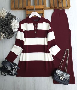 VUZE ÇİFT RENK YAKALI DÜĞMELİ TRİKO TAKIM B10-5-8149-04-BORDO - 