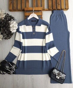 VUZE ÇİFT RENK YAKALI DÜĞMELİ TRİKO TAKIM 8149-10-MAVİ - 