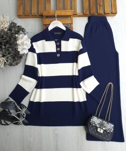 VUZE ÇİFT RENK YAKALI DÜĞMELİ TRİKO TAKIM B10-5-8149-12-LACİVERT - 