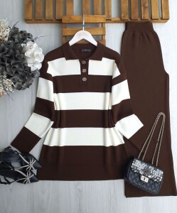 VUZE ÇİFT RENK YAKALI DÜĞMELİ TRİKO TAKIM B10-5-8149-37-KAHVE - 