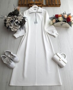 WECL ARMALI YARIM FERMUARLI ELBİSE B10-2-2411-20-BEYAZ - 