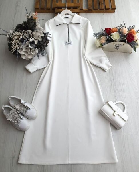 WECL ARMALI YARIM FERMUARLI ELBİSE B10-2-2411-20-BEYAZ - 1