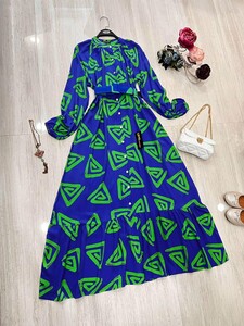 WELZ GEOMETRİK DESENLİ VE KEMERLİ HAKİM YAKA ELBİSE C4-2256-14-SAKS - 