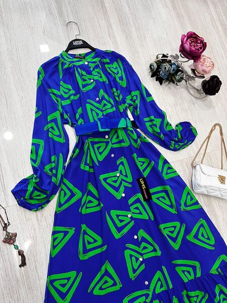 WELZ GEOMETRİK DESENLİ VE KEMERLİ HAKİM YAKA ELBİSE D4--2256-14-SAKS - 2