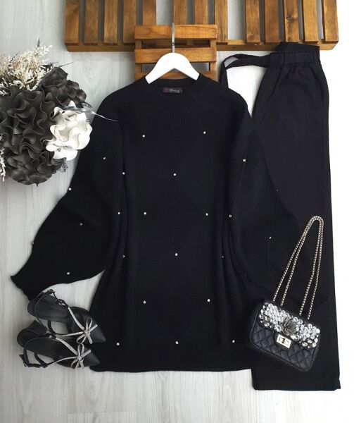 WEND TAŞLI DÜZ VE SELANİK DOKUMA TRİKO TUNİK B5-5-8145-01-SİYAH - 1