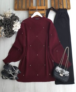 WEND TAŞLI DÜZ VE SELANİK DOKUMA TRİKO TUNİK B5-5-8145-04-BORDO - 