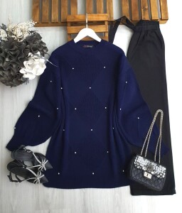 WEND TAŞLI DÜZ VE SELANİK DOKUMA TRİKO TUNİK B5-5-8145-12-LACİVERT - 