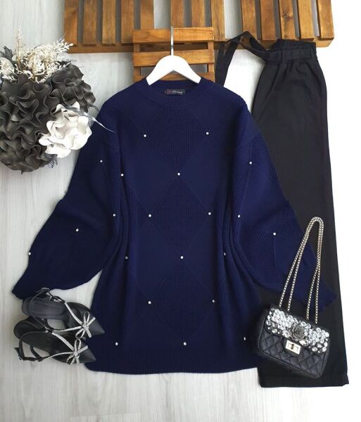 WEND TAŞLI DÜZ VE SELANİK DOKUMA TRİKO TUNİK B5-5-8145-12-LACİVERT - 1