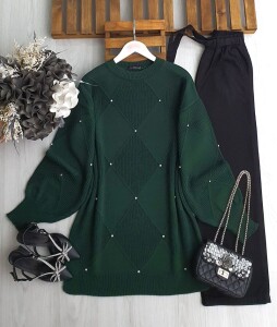 WEND TAŞLI DÜZ VE SELANİK DOKUMA TRİKO TUNİK B5-5-8145-27-ZÜMRÜT - 